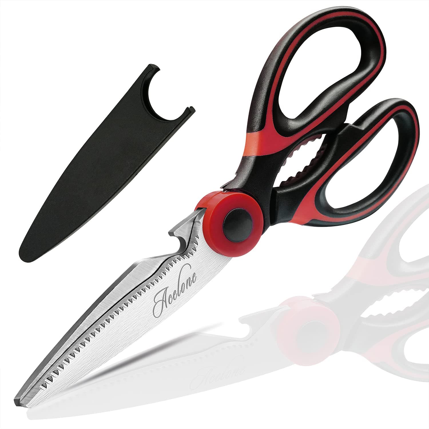 Acelone Quality Durable Kitchen Shears Sharp Stainless Steel Multifunctional Kitchen Shears for Chicken, Poultry, Fish, Meat, Vegetables, Herbs, BBQ(Red Color)