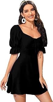 Women's & Girls' Black Solid Ruched Detail A-line Mini Dress