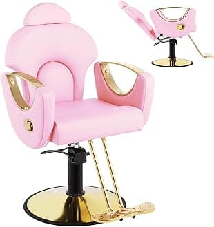 Salon Barber Chair, Reclining Salon Chair for Hair Stylist, Hair Chairs with Heavy Duty Hydraulic Pump, 360 Swivel Styling Braiding Hairdresser Chair for Home Barbershop, Light Pink Gold