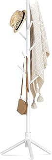 Haddockway Wooden Coat Rack Stand with 8 Hooks New Zealand Pine Adjustable Coat Standing Tree Easy Assembly for Coats, Hats, Scarves and Handbags for Entryway, Hallway, Bedroom, Office （White）