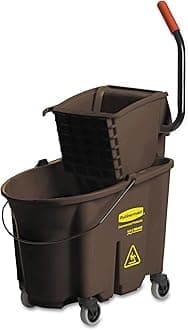 Rubbermaid Commercial Products WaveBrake 35 QT Side-Press Mop Bucket and Wringer Combo on Wheels Brown for Heavy-Duty Floor Cleaning