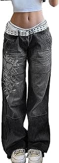 Women's Low Rise Heart Pattern Baggy Jeans Washed Wide Leg Denim Cargo Pants