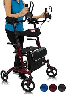 Vive Mobility Upright Walker with Seat, for Seniors, Women - Stand Up Rollator, Arm Rests, Heavy Duty, Folding Medical Aid Scooter for Elderly, Seniors - Walking Foldable Assist (Red, Black Bag)