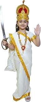 Kaku Fancy Dresses Silk, Polyester Parvati Mata Costume Kids Fancy Dress for Religious Events School Plays Cultural Performances - Cream/Golden, 7-8 YEARS, Girl