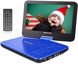 DBPOWER 12" Portable DVD Player with 5-Hour Rechargeable Battery, 10" Swivel Display Screen, SD/USB Port, with 1.8 Meter Car Charger, Power Adaptor and Car Headrest Mount, Region Free- Blue