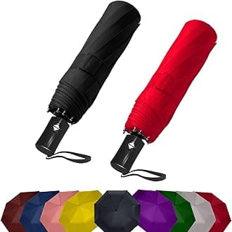 SIEPASA 2 Packs Windproof Travel Compact Umbrella, 8-Ribs Anti-UV Waterproof Folding Umbrella with Telfon Coating-One Button for Auto Open and Close. (Black & Red, 2 Pack)