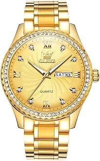 Men's Casual Stainless Steel Watch, Big Face Easy to Read Analog Quartz Watch with Day and Date, Classic Waterproof Diamond Roman Arabic Numerals Dial Dress Watch for Men, Gold Silver Black Band