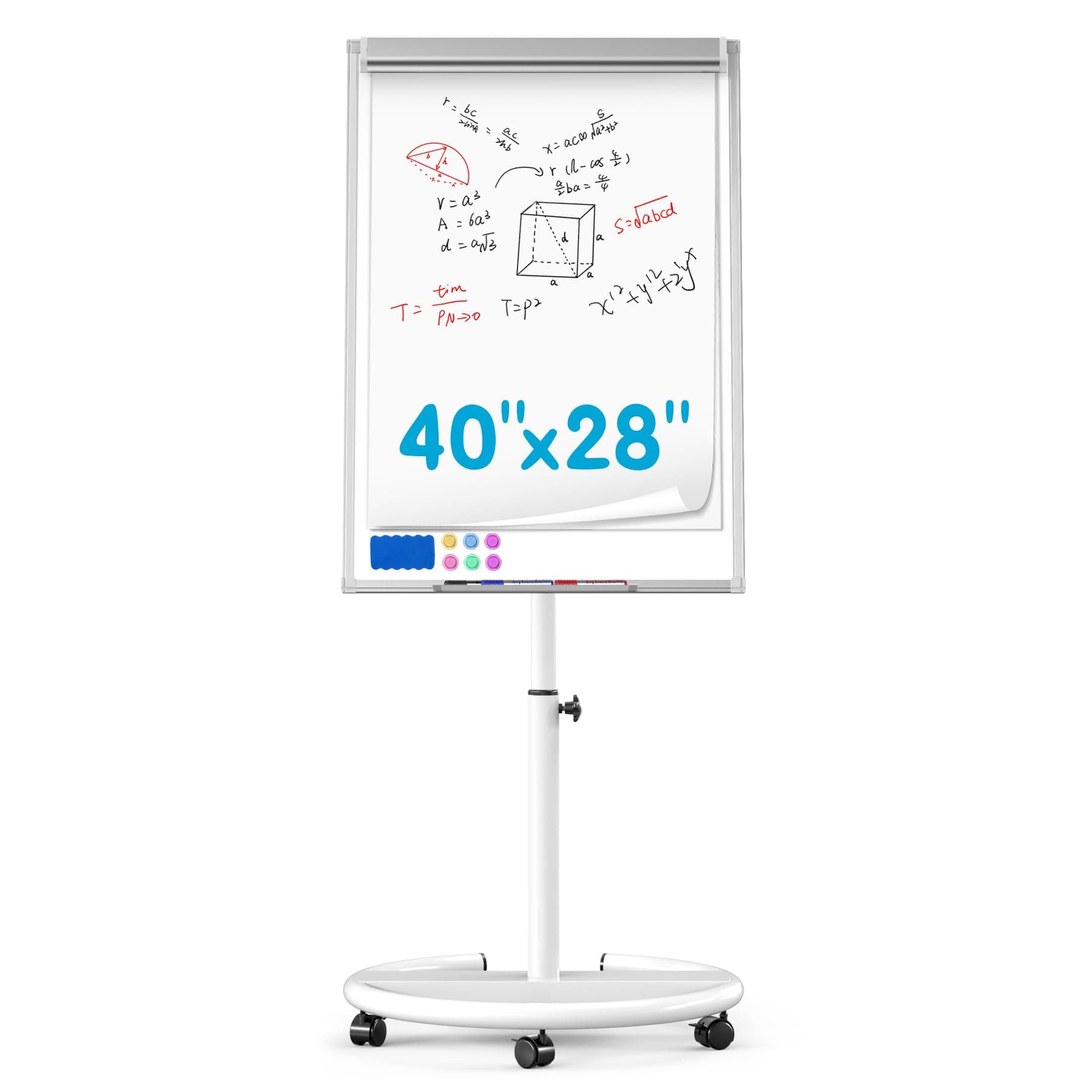 Mobile Dry Erase Board on Wheels 40 x 28 Inch-Magnetic Whiteboard Easel with Height Adjustable Stand - Rolling Presentation Board with Flipchart Paper Pad for Homeschool Teaching, Office, Workshops