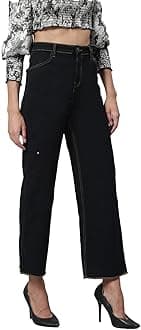 KOTTY Women High Rise Cotton Lycra Ankle Length Straight fit Oil Black Solid Jeans (Oil Black,30)