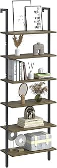 Wolawu Ladder Shelf Black 6 Tiers Modern Bookshelf Room Organizer Open Tall Wall Mount Bookcase Standing Leaning Wall Shelves Industrial Decorative Living Room Bed Room (Brown)
