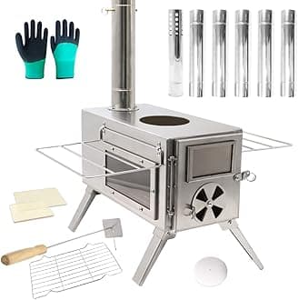 Fitinhot Camping Stove, Portable Outdoor Wood Stoves with Chimney Pipes for Camping Tent , Ice-fishing, Cookout, Hiking, Travel, Backpacking Trips (Silver)