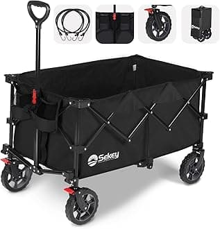 Sekey 220L Collapsible Foldable Wagon with 330lbs Weight Capacity, Heavy Duty Folding Wagon Cart with Big All-Terrain Wheels & Drink Holders (Black)