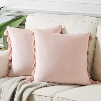 Fancy Homi Pack of 2 Cute Decorative Throw Pillow Covers with Handmade Tassels, Soft Velvet Peach Solid Square Cushion Case Set for Couch Sofa Bedroom Car Living Room (18x18 Inch/45x45 cm, Blush Pink)