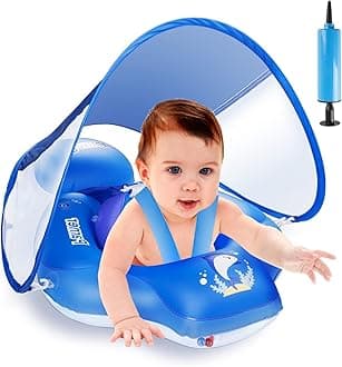 Baby Swimming Float with Sun Canopy, Parner Inflatable Baby Pool Float with Safety Bottom Support, Baby Swimming Ring Suit for Newborn Kids Toddlers Age of 3-36 Months