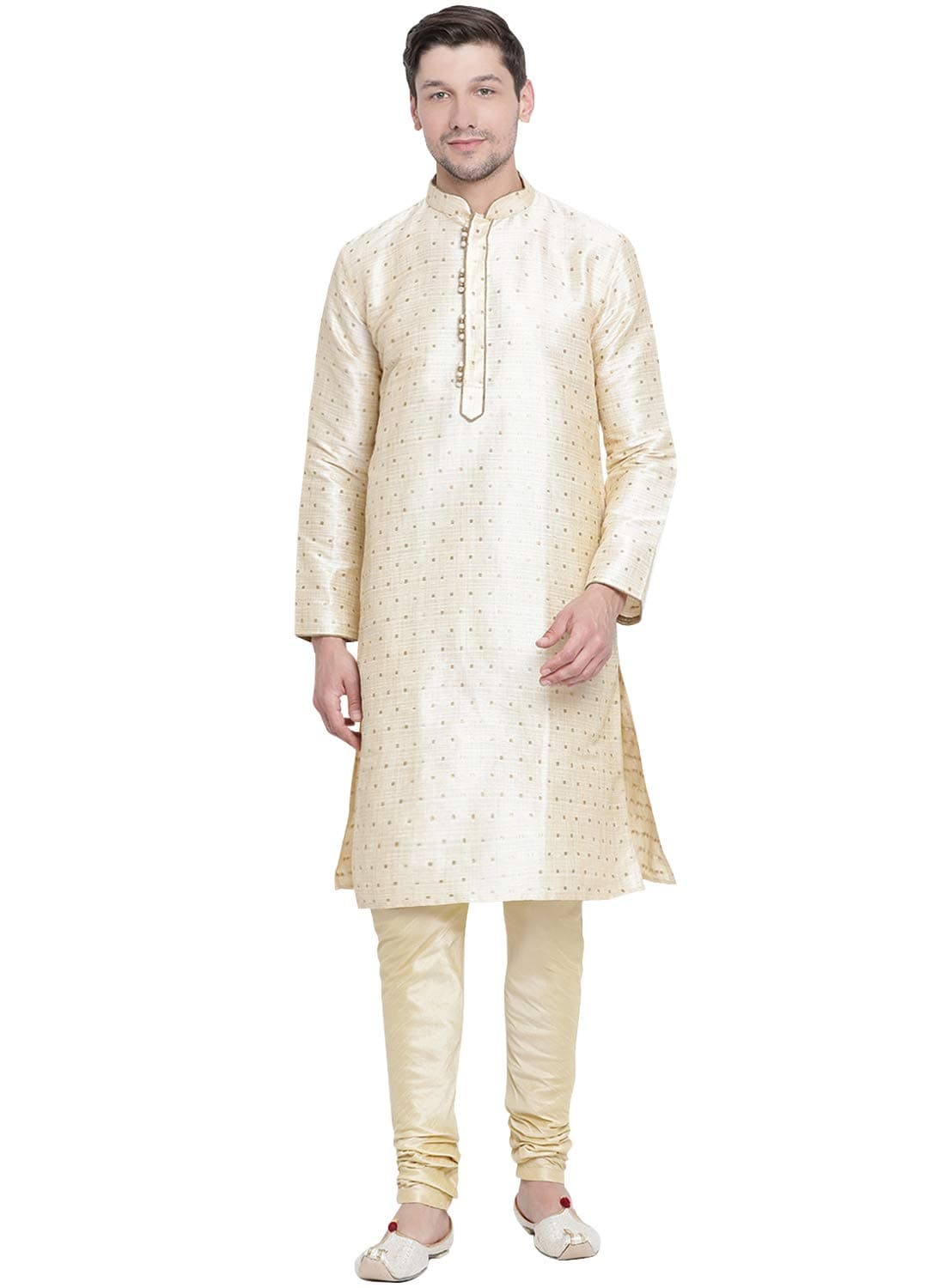 Men Silk Blend Solid Vm Egyptian Kurta Pyjama Set - Classic Ethnic Attire For Timeless Style And Cultural Celebrations | Jacquard Woven Zari Work With Shimmer Piping Full Sleeves Kurta