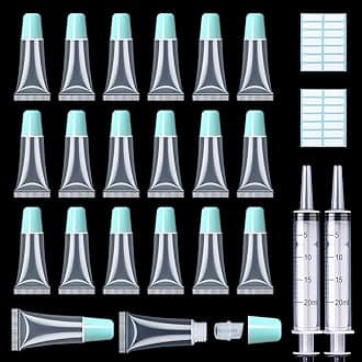 AMORIX 50PCS Lip Gloss Tubes 5ml Blue Cap Lip Gloss Containers Empty Lip Balm Tubes Refillable Squeeze Lipgloss Tubes + 2 x 20ml Syringes Tag Labels for DIY Lip Gloss Glitter