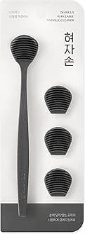 DEARCUS Tongue Scraper with 3 Replaceable Heads for Up to 9 Months - Soft BPA-Free TPE Tongue Cleaner, Designed to Reduce Gag Reflex, Helps Freshen Breath & Remove White Coating (Deep Gray)
