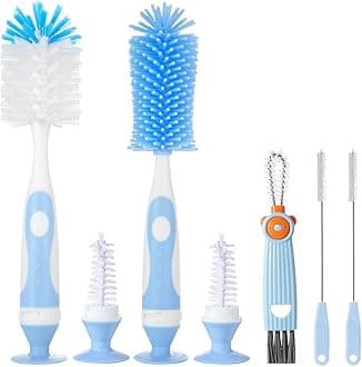 5-in-1 Baby Bottle Brush Set, Including Nylon and Silicone Bottle Brush, Bottle Cap, Straw and Nipple Cleaner, BPA-Free (Blue)