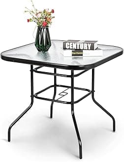 Glass Patio Table with Umbrella Hole, 32" Square Outdoor Dining Table Steel Tempered Glass Patio Tables Outdoor Tables for Balcony Garden Deck