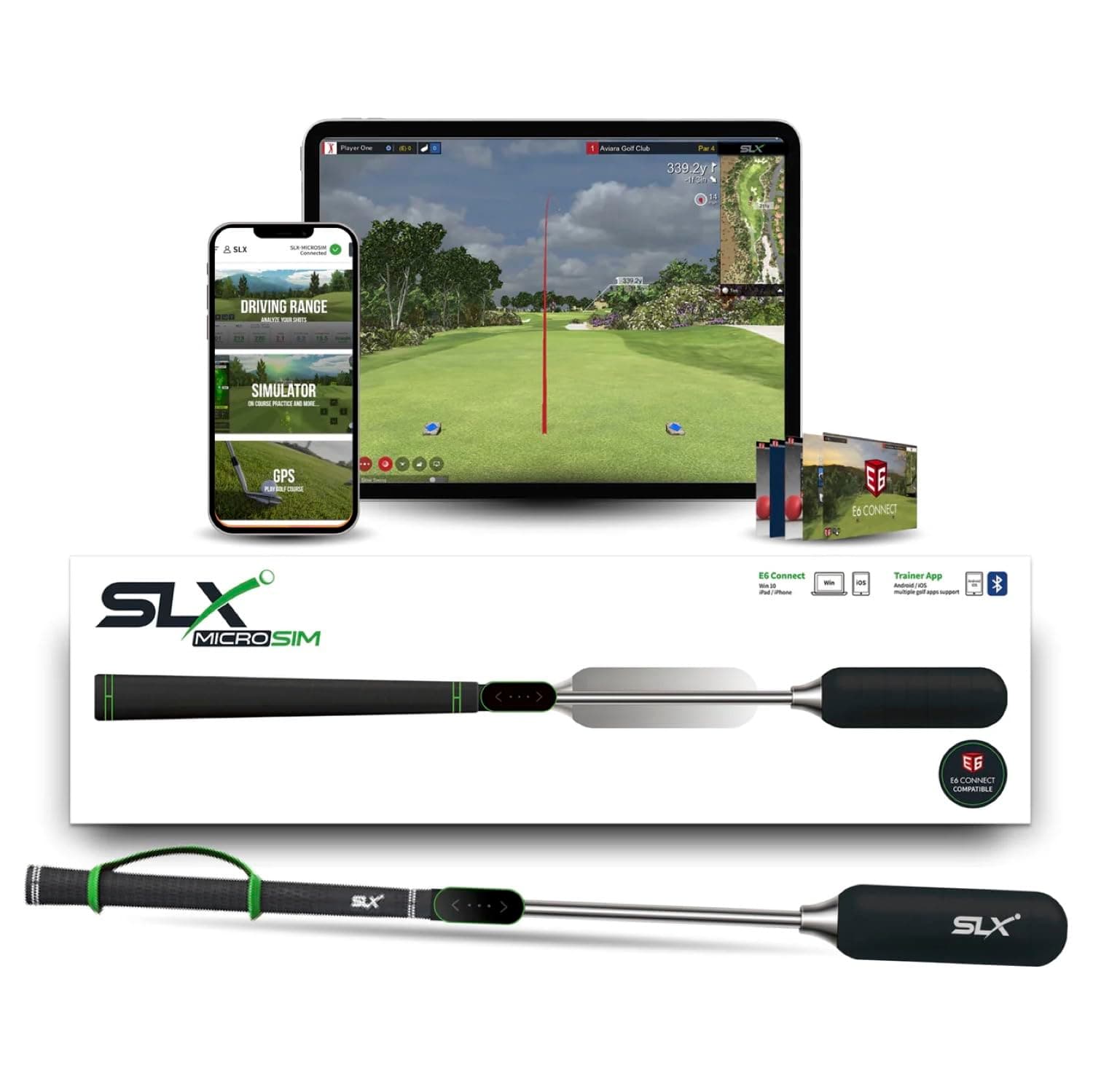 SLX MicroSim Indoor Mobile Golf Simulator: Fun Interactive Golf with Motion Sensor and Swing Stick for Indoor and Outdoor Golfing - Compatible with Android, iOS, PC (E6 Connect, GSPro, CreativeGolf)