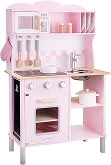 New Classic Toys 11067 Wooden Pretend Toy Kitchen for Kids Included Accessoires-Comes with Electric Cooking Plate-Makes Sound, Pink