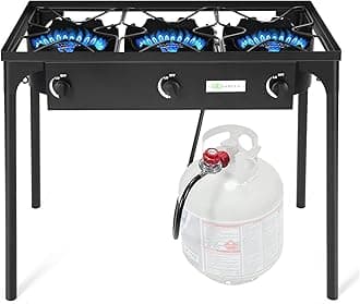 Outdoor Camping Stove, 3 Burner Propane Gas Cooker w/Detachable Legs & CSA Regulator & 0-20 PSI Regulator for Camp Patio RV, Cast Iron, 225,000-BTU