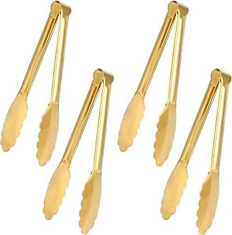 Sunenlyst 4 Pack Gold Tongs for Serving Food, 9 Inch Serving Tongs, Gold Buffet Tongs Stainless Steel Serving Utensils, Metal Kitchen Tongs for Salad, Steak, Appetizer, Snack and Small Food