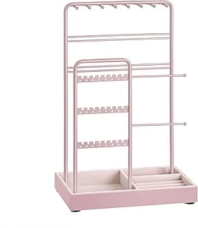 SONGMICS JJS021R01 Jewellery Stand Metal Frame Jewellery Tray Velvet Jewellery Storage for Necklaces Bracelets Earrings Stud Rings Gift Idea Christmas Pastel Pink