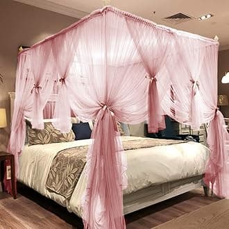 Joyreap 4 Corners Post Canopy Bed Curtain for Girls & Adults - Royal Luxurious Cozy Drapes - 3 Opening Mosquito Net - Cute Princess Bedroom Decoration Accessories(Pink, Full/Queen)