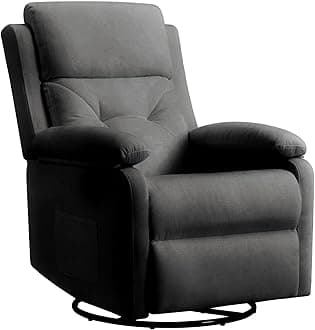 Swivel Rocker Recliner Chair with Adjustable Backrest and Footrest, Ultra-Comfy Fabric Reclining Chair, Glider Recliner with Lumbar Support & Overstuffed Arms, Chairs for Living Room (Dark Black)