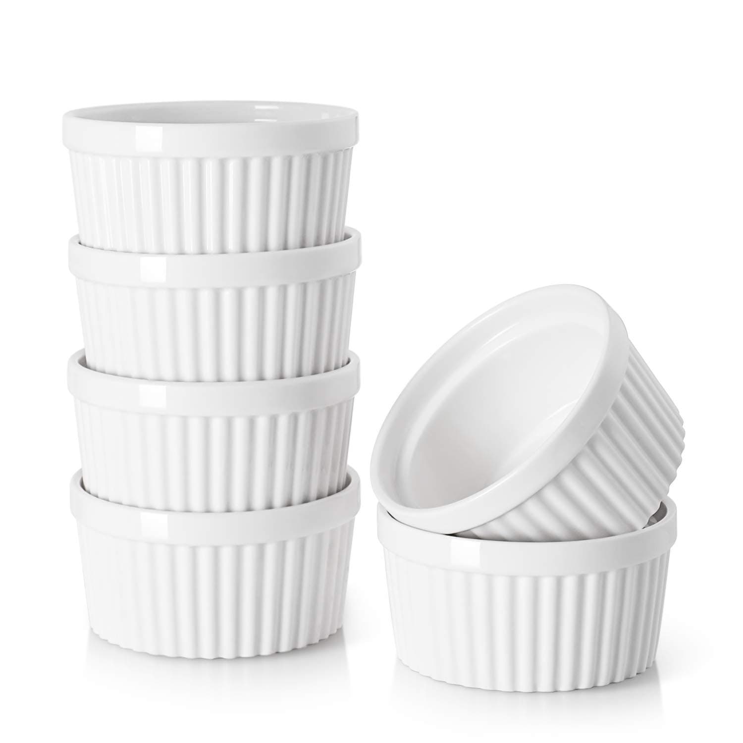 DOWAN Ramekins 4 oz Oven Safe for Creme Brulee Souffle, Porcelain Custard Cups Ramiken for Baking, Small Bowls Dipping Sauce Dish Classic Style, Set of 6, Soft White