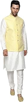 Uri and MacKenzie Men's Silk Blend Regular Kurta Churidar Pyjama with Bundi Nehru Jacket/Waistcoat