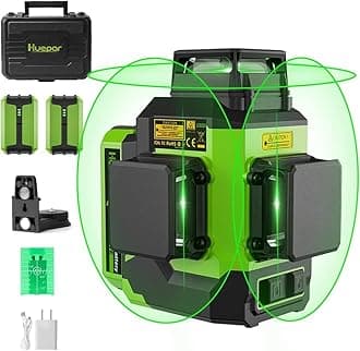 Huepar Laser Level 3x360 Self Leveling with 2 Rechargeable Batteries, 3D 12 Lines High Brightness Green Laser Level for Construction or Home Renovation, LS03CG