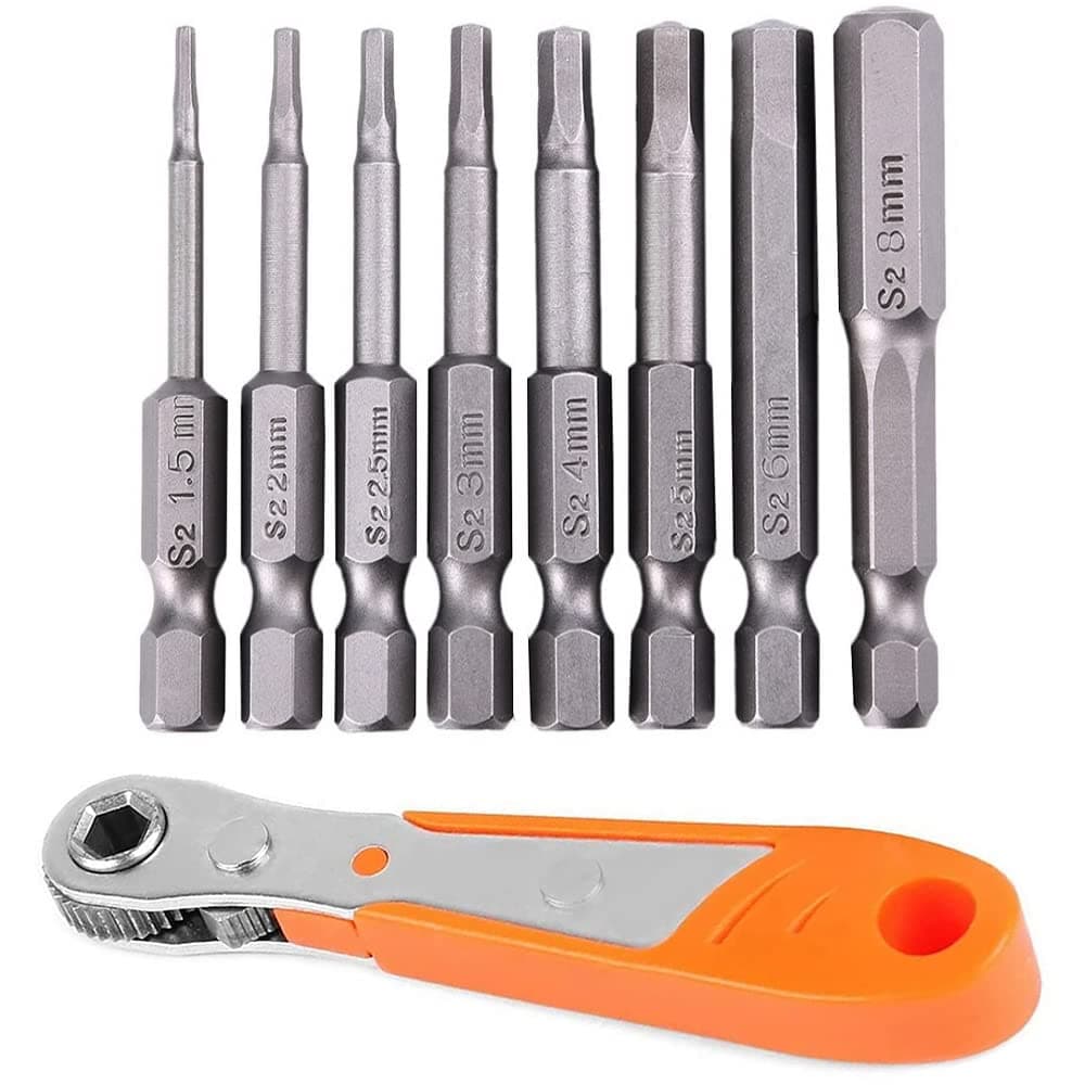 Impact Driver Allen Bits Set Hex Head Bit Long Alan Wrench Key Power Drill 1/4” Quick Change Release Connect Metric t Handle Hecs Drive For Furniture Assembly Tool Kit Screw Driving Bits + Hex Ratchet