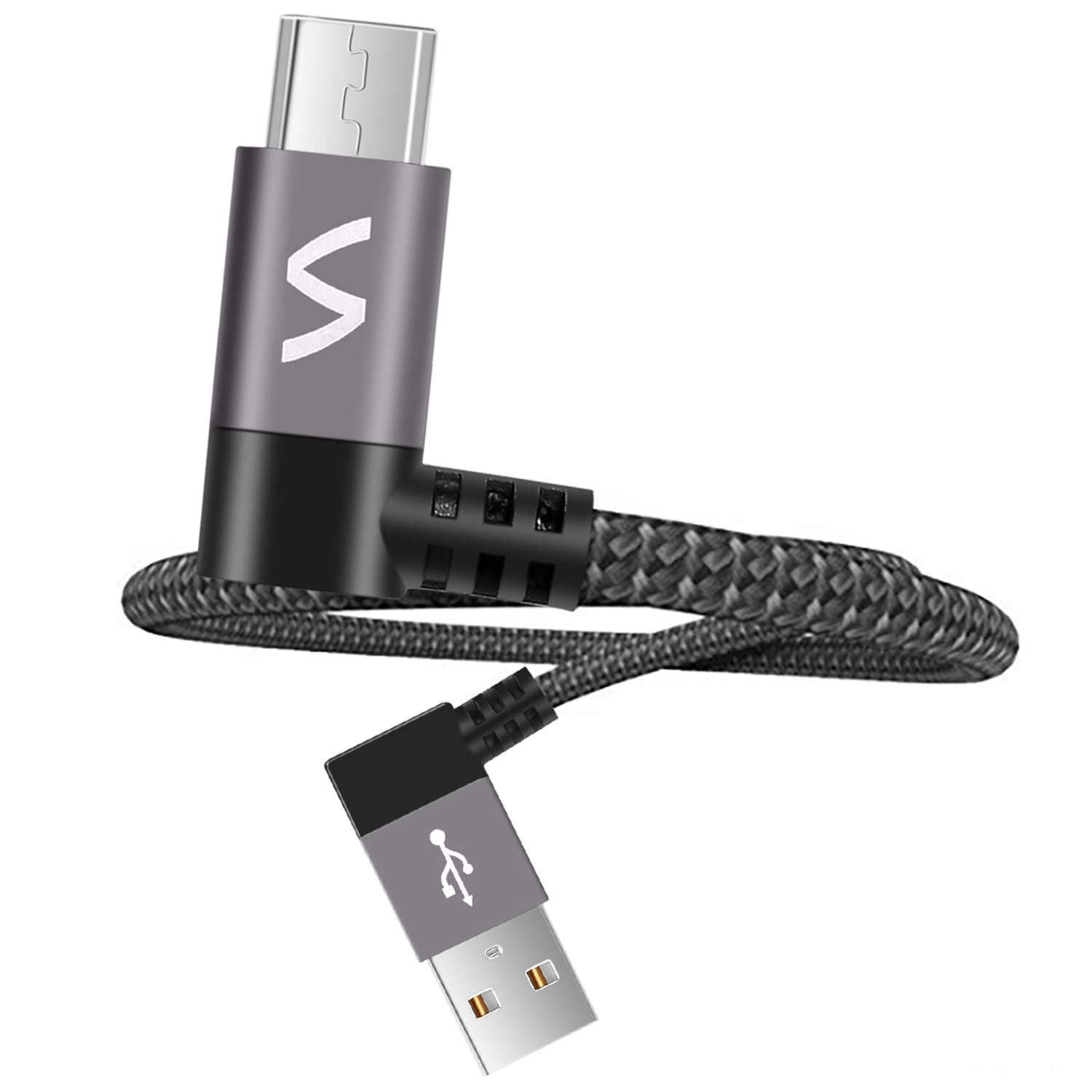 Micro USB Charger Cable[2-Pack]0.65ft/0.2m Syncgreen 90 Degree Plug Nylon Braided Ultra Durable Android Charging Cable for Samsung Galaxy,Sony,LG,Motorola,Smartphones and More-Space Grey