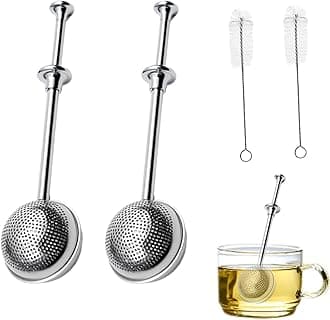 ANAJOY 2 pcs Long Handle Tea Ball with Straw Brushes, Stainless Steel Ball-Shaped Tea Infuser Filter for Loose Leaf Tea, Reusable Fine Mesh Tea Interval Diffuser Strainer for Tea Cup(Silver)