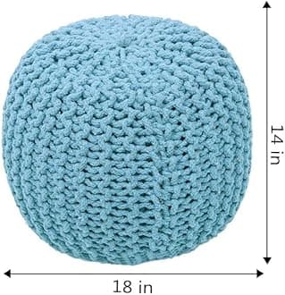 The Home Talk Cotton Pouf | Hand Knitted | Turquoise Ottoman | Footrest, Bean Bag, Floor Chair | Great for The Living Room, Bedroom & Kid’s Room | 100% Cotton | 18’’ x 18’’ x 16 Store