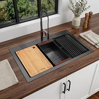 LQS 33x22 Black Drop In Sink, 33 Inch Drop In Kitchen Sink, 16 Gauge Stainless Steel Black Kitchen Sink Top Mount Deep & Large Sink with Multifunctional Workstation Ledge and Practical Accessories