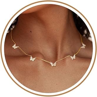 FUNEIA Dainty Silver Gold Necklaces for Women Trendy Non Tarnish 14K Gold Plated Cubic Zirconia Necklace Layered Cute Butterfly Heart Station Choker Necklace Stack for Wedding Prom Brides Jewelry