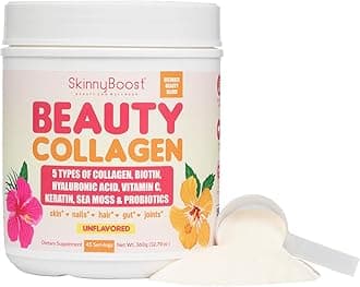 Beauty Collagen-Unflavored Collagen Powder-5 Types of Collagen, Sea Moss, Biotin, Keratin, Hyaluronic Acid, Vitamin C and Probiotics–Hair, Skin, Nails- All Natural, Made in USA-45 Servings