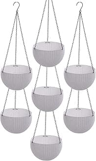 Go Hooked 7.1" Plastic Rattan Hanging Basket/Hanging Pots with Metal Hanging Chain/Hanging Planters Set of 7 (White) (Flowers Not Included)