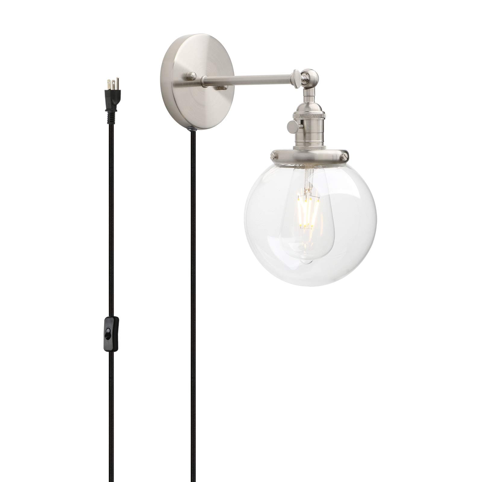 Permo 1-Light Plug in On/Off Switch Wall Sconce with Mini 5.9" Round Globe Clear Glass Shade Vintage Industrial Wall lamp Light Fixture (Brushed)