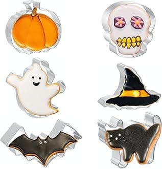 Halloween Cookie Cutters 6 PCS, 3'' to 3.5'', Ghost, Pumpkin, Bat, Black Cat, Hat, Skull
