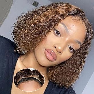 2/30 Highlight Bob Wig Human Hair 4x4 Wear and Go Glueless Wigs Pre Cut Lace 180% Density Deep Wave Human Hair Wigs for Black Women Beginner Friendly Highlight (Glueless Bob Wig, 8inch)