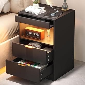 Yusong Night Stand, Bedside Table, LED Nightstand with Charging Station, Modern Night Stand, Wood Sofa Couch End Side Table with 2 Pull-Out Shelf (Black 001)