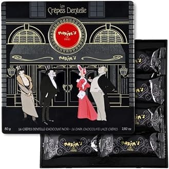 Maxim's De Paris - Dark Chocolate Covered Crispy Crepe Cookies Individually Wrapped in Elegant Collectible Black Tin Box, 16 pieces