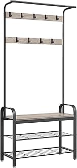 VASAGLE Coat Rack, Coat Stand with Shoe Storage Bench, 4-in-1 Design, with 9 Removable Hooks, a Clothes Rail, for Hallway, Entrance, 33.7 x 84 x 183 cm, Industrial, Greige and Black HSR400B02The Forest Stewardship Council