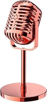 Facmogu Electroplated Rose Gold Retro Microphone Prop, Plastic Fake Microphone with Stand, Antique Microphone Props for Theme Party & Role Play, Classic Vintage Mic Stage Table Decor, Photography Prop