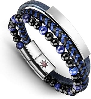 Mens Leather Bracelet – Classic Handmade Braided Black & Brown Cuff Bracelet with Engraved Magnetic Clasp Free Jewelry Gift Boxed