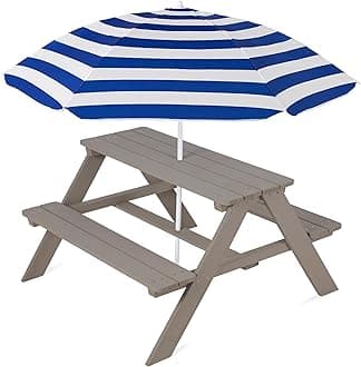 Best Choice Products Wooden Kids Picnic Table with Umbrella, Outdoor Activity Table Set with Built-in Benches, 220 lb Capacity per Bench - Gray/Navy